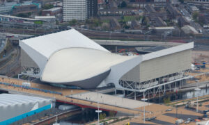 Aerial view of the Olympic Park showing the Aquatics Centre and the Water Polo Arena. Picture taken on 16 April 2012.